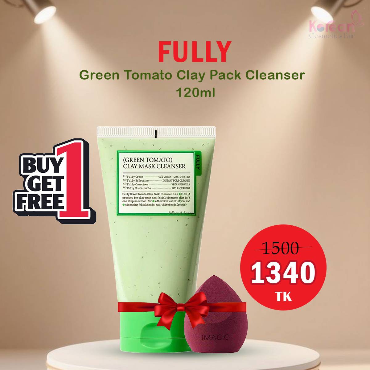 Fully green tomato clay pack cleanser 120gm Buy And Get Imagic Face Makeup Sponge Puff